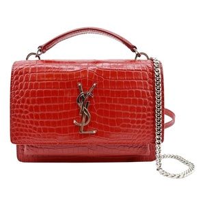 YSL red crocodile skin leather cross body purse.